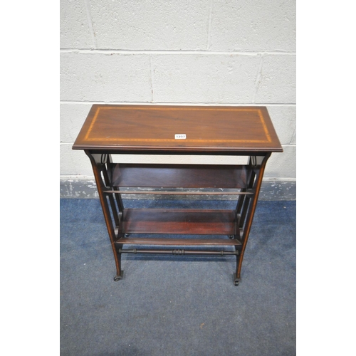 1207 - AN EDWARDIAN MAHOGANY BOX WOOD INLAID BOOK STAND, width 61cm x depth 25cm x 77cm (condition:-one sid... 