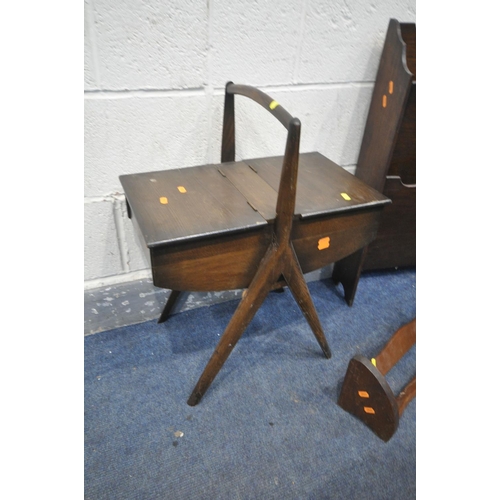 1213 - AN EARLY 20TH CENTURY OAK MAGAZINE/NEWSPAPER RACK, width 38cm x depth 15cm x height 78cm, and an oak... 