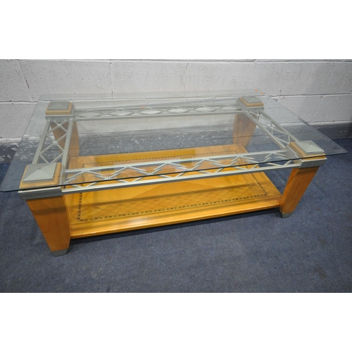 1221 - A MODERN RECTANGULAR GLASS TOP COFFEE TABLE, and a silvered rectangular wall mirror, 100cm x 76cm