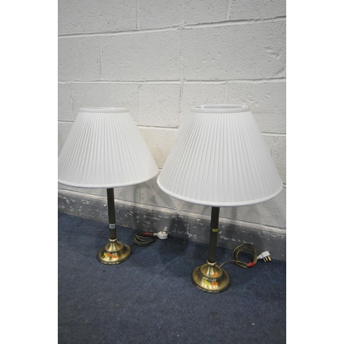 1222 - A PAIR OF BRASS COLUMN TABLE LAMPS, with fabric shades, height 72cm