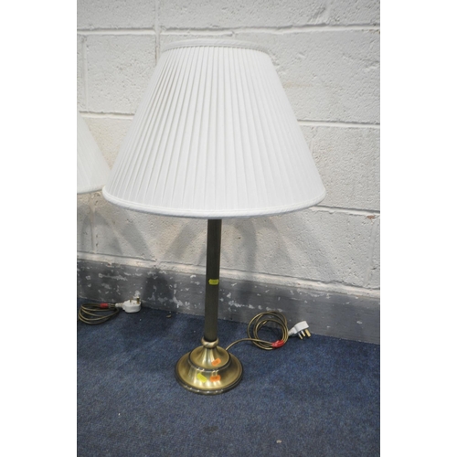 1222 - A PAIR OF BRASS COLUMN TABLE LAMPS, with fabric shades, height 72cm