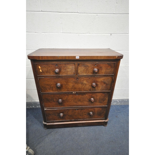 1237 - A VICTORIAN FLAME MAHOGANY CHEST OF TWO SHORT AND THREE LONG DRAWERS, on flat bun feet, width 101cmx... 