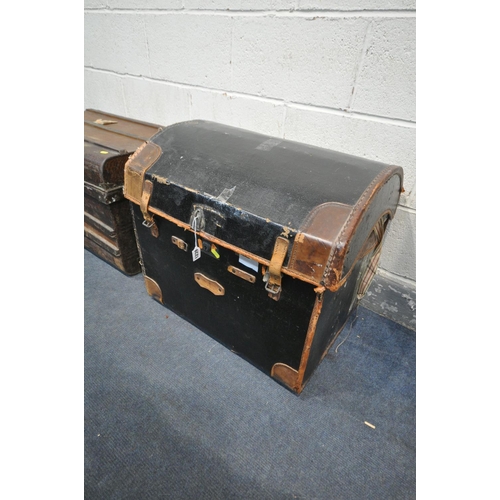 1239 - A VINTAGE EBONISED FABRIC DOMED TRUNK, width 60cm x depth 48cm x height 57cm (condition:-distressed ... 