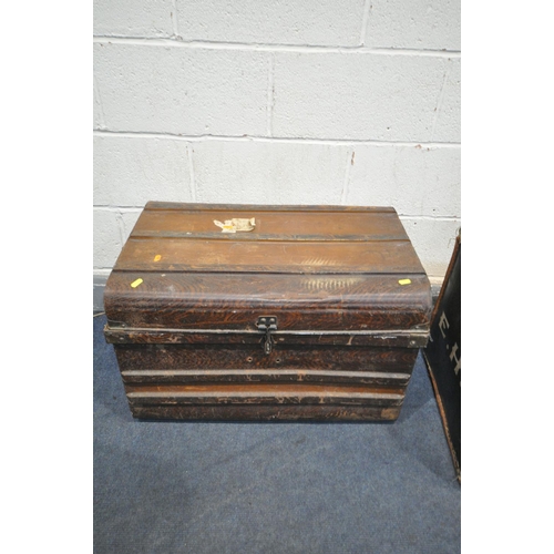 1239 - A VINTAGE EBONISED FABRIC DOMED TRUNK, width 60cm x depth 48cm x height 57cm (condition:-distressed ... 