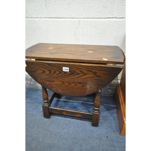 1246 - A SMALL OAK DROP LEAF OCCASIONAL TABLE, along with a pine bedside cabinet (condition:-good condition... 