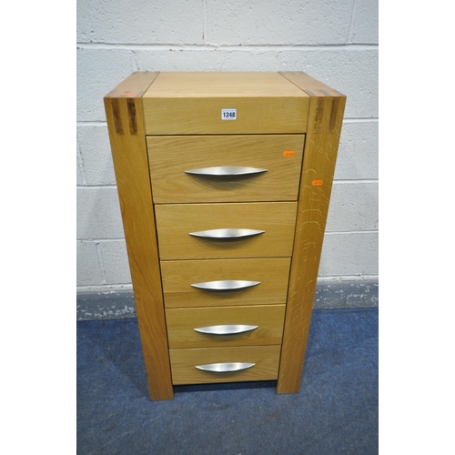 1248 - A TALL LIGHT OAK CHEST OF FIVE DRAWERS, width 52cm x depth 42cm x height 100cm