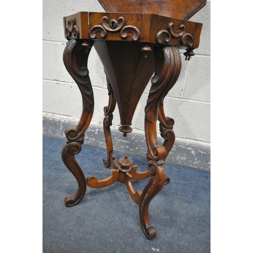 1255 - A 19TH CENTURY BURR WALNUT OCTAGONAL TRUMPET WORK TABLE, the quarter veneer top enclosing a fitted i... 