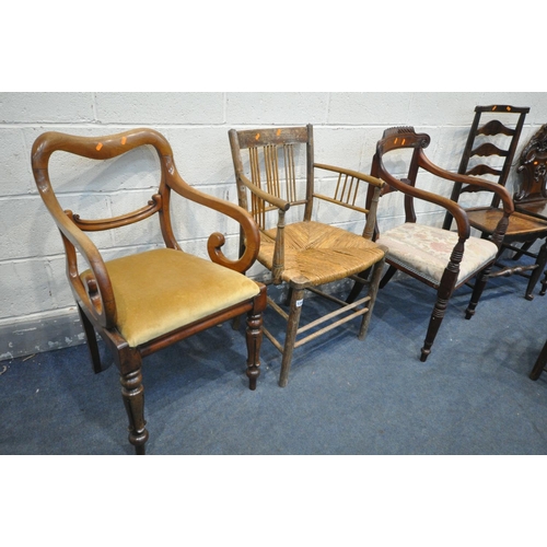 1260 - A SELECTION OF PERIOD CHAIRS, to include a 19th century elm Sussex armchair (rickety frame and fluid... 