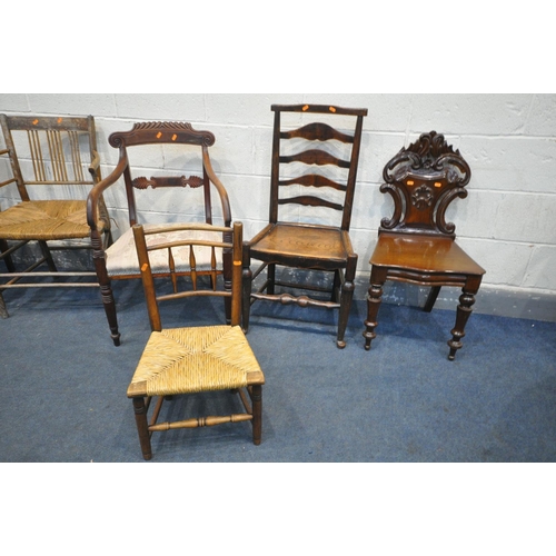 1260 - A SELECTION OF PERIOD CHAIRS, to include a 19th century elm Sussex armchair (rickety frame and fluid... 