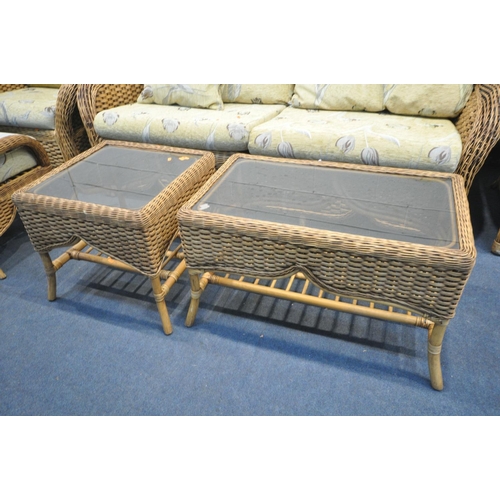 1262 - A PLATT AND HILL WICKER THREE PIECE LOUNGE SUITE, comprising a two seater sofa, a pair of  armchair,... 