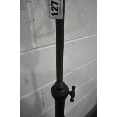 1271 - A WROUGHT IRON TELESCOPIC STANDARD LAMP, with scrolled and twisted decoration, maximum height 173cm ... 