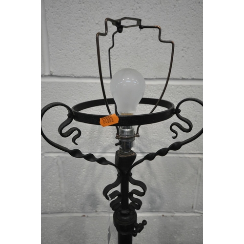 1271 - A WROUGHT IRON TELESCOPIC STANDARD LAMP, with scrolled and twisted decoration, maximum height 173cm ... 