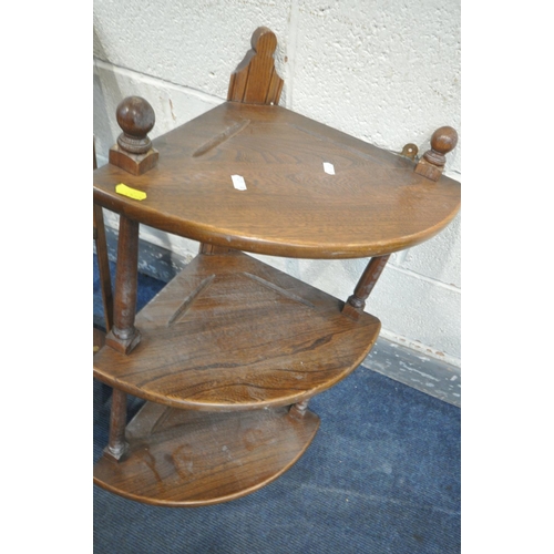 1272 - A PAIR OF ERCOL ELM THREE TIER HANGING CORNER SHELVES, height 75cm (condition - surface marks and st... 