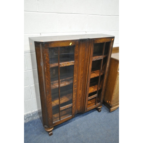 1281 - AN OAK SIDEBOARD, with two drawers, width 120cm x depth 48cm x height 98cm, and an oak two door book... 