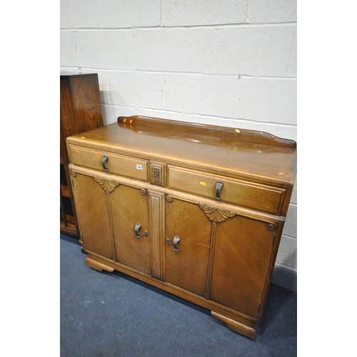 1281 - AN OAK SIDEBOARD, with two drawers, width 120cm x depth 48cm x height 98cm, and an oak two door book... 