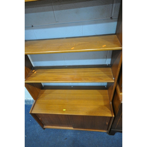 1283 - A MID CENTURY TEAK OPEN BOOKCASE, the top with two sliding doors, two shelves, above another two sli... 