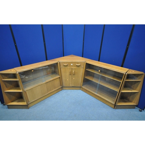 1388 - A G PLAN AFROMOSIA TEAK FIVE SECTION MODULAR CORNER BOOKCASE/DESK, length from each corner 195cm x h... 