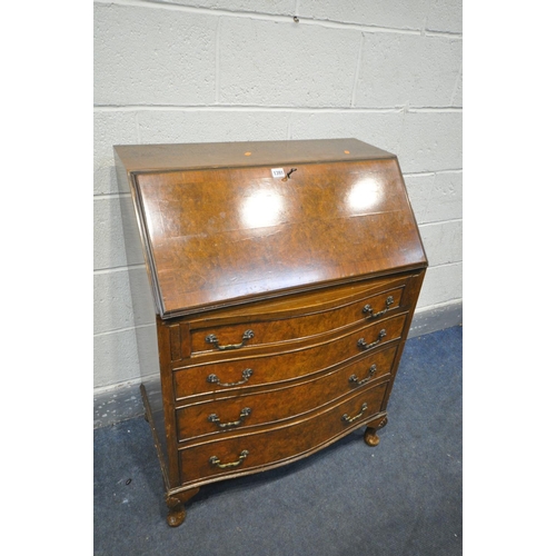 1391 - AN EARLY 20TH CENTURY BURR WALNUT FALL FRONT BUREAU, with fitted interior, writing surface, above fo... 