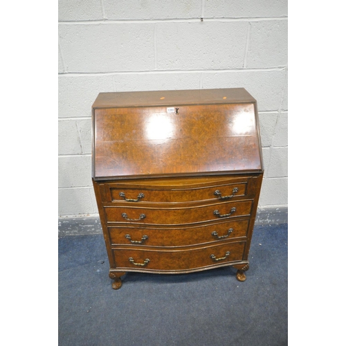 1391 - AN EARLY 20TH CENTURY BURR WALNUT FALL FRONT BUREAU, with fitted interior, writing surface, above fo... 