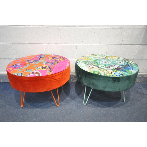 1393 - TWO SIMILAR ABSTRACT VELVET FOOTSTOOL, on hairpin legs, diameter 70cm x height 49cm (condition:-good... 