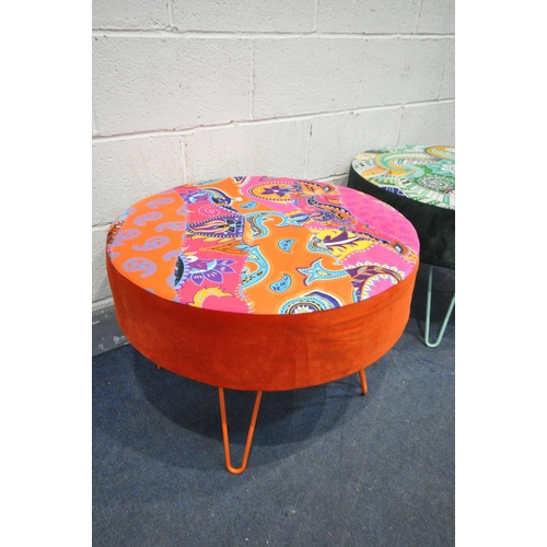 1393 - TWO SIMILAR ABSTRACT VELVET FOOTSTOOL, on hairpin legs, diameter 70cm x height 49cm (condition:-good... 