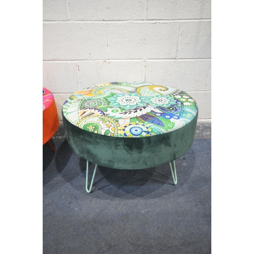 1393 - TWO SIMILAR ABSTRACT VELVET FOOTSTOOL, on hairpin legs, diameter 70cm x height 49cm (condition:-good... 