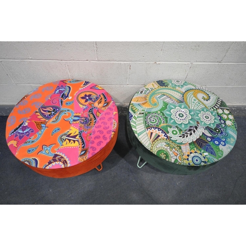 1393 - TWO SIMILAR ABSTRACT VELVET FOOTSTOOL, on hairpin legs, diameter 70cm x height 49cm (condition:-good... 