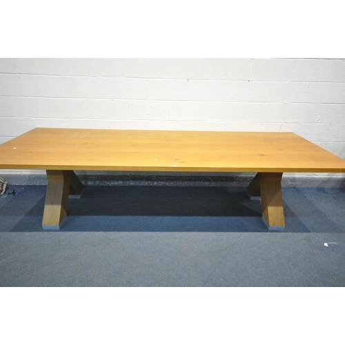 1395 - A LARGE RECTANGULAR SOLID OAK FARMHOUSE STYLE TABLE, on twin cross shape legs, length 300cm x depth ... 