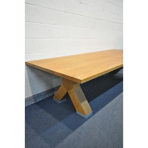 1395 - A LARGE RECTANGULAR SOLID OAK FARMHOUSE STYLE TABLE, on twin cross shape legs, length 300cm x depth ... 