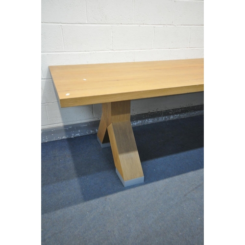 1395 - A LARGE RECTANGULAR SOLID OAK FARMHOUSE STYLE TABLE, on twin cross shape legs, length 300cm x depth ... 