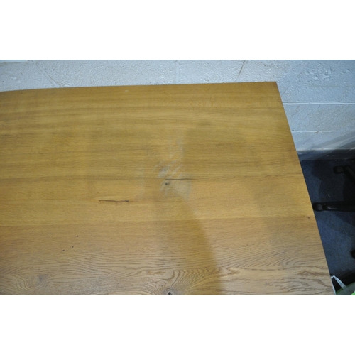 1395 - A LARGE RECTANGULAR SOLID OAK FARMHOUSE STYLE TABLE, on twin cross shape legs, length 300cm x depth ... 