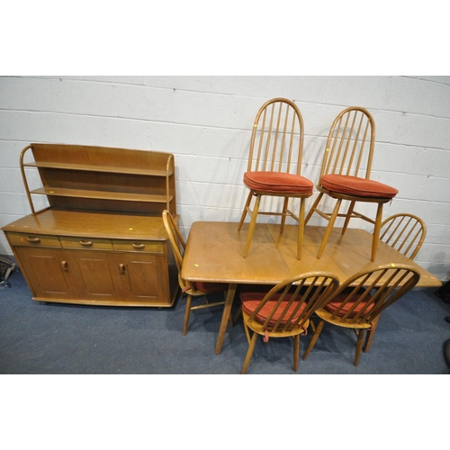 1396 - A PRIORY LIGHT OAK ERCOL STYLE BLONDE ELM LOUNGE SUITE, comprising an extending dining table, with a... 