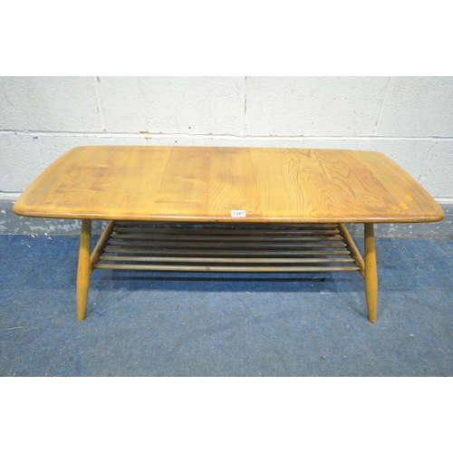 1397 - AN ERCOL BLONDE ELM AND BEECH WINDSOR COFFEE TABLE, length 105cm x depth 46cm x height 38cm (conditi... 