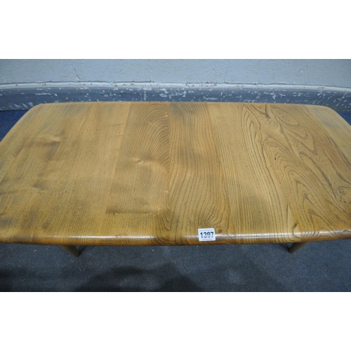 1397 - AN ERCOL BLONDE ELM AND BEECH WINDSOR COFFEE TABLE, length 105cm x depth 46cm x height 38cm (conditi... 