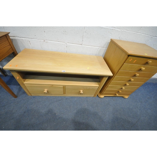 1398 - A LIGHT OAK TV STAND, with two drawers, a chest of four drawers, and a single drawer side table (3)