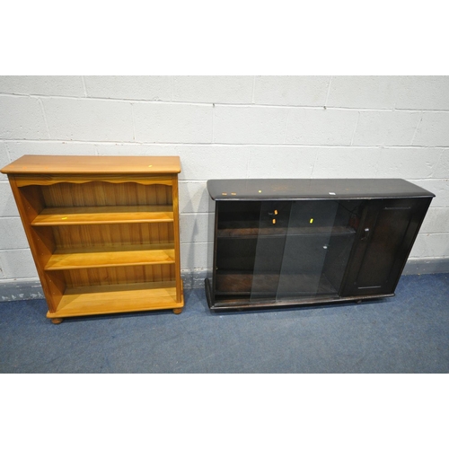 1399 - A PRIORY DARK LOW BOOKCASE, width 138cm x depth 35cm x height 87cm, and a pine open bookcase (condit... 