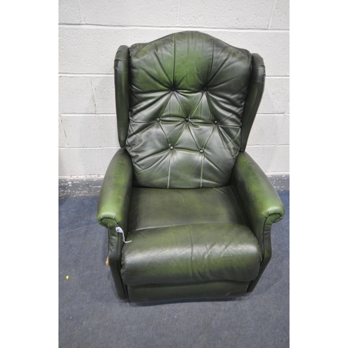 1404 - A GREEN LEATHER MANUAL RECLINING BUTTONED WING BACK ARMCHAIR, width 78cm (condition - some discolour... 