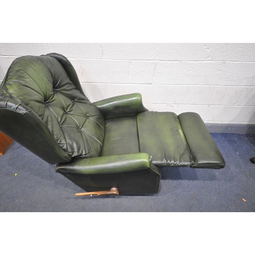 1404 - A GREEN LEATHER MANUAL RECLINING BUTTONED WING BACK ARMCHAIR, width 78cm (condition - some discolour... 