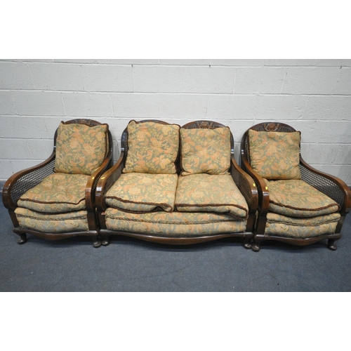 1405 - A 20TH CENTURY MAHOGANY AND BEGERE THREE PIECE SUITE, comprising a two seater sofa and an armchair (... 