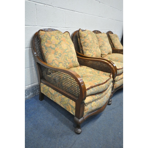 1405 - A 20TH CENTURY MAHOGANY AND BEGERE THREE PIECE SUITE, comprising a two seater sofa and an armchair (... 