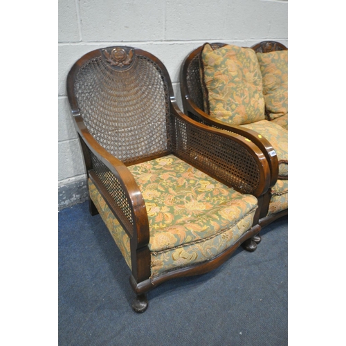 1405 - A 20TH CENTURY MAHOGANY AND BEGERE THREE PIECE SUITE, comprising a two seater sofa and an armchair (... 