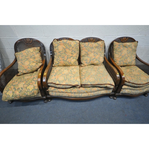 1405 - A 20TH CENTURY MAHOGANY AND BEGERE THREE PIECE SUITE, comprising a two seater sofa and an armchair (... 