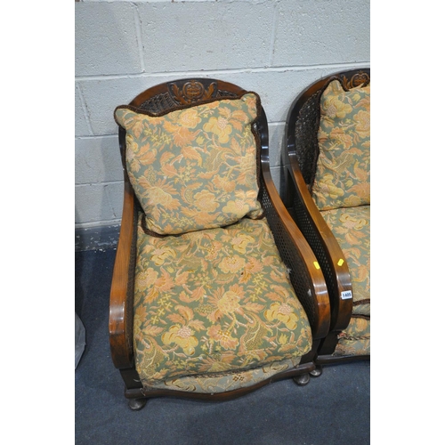 1405 - A 20TH CENTURY MAHOGANY AND BEGERE THREE PIECE SUITE, comprising a two seater sofa and an armchair (... 