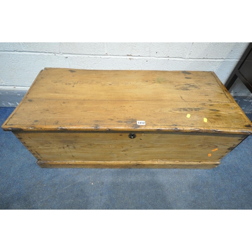 1412 - A 19TH CENTURY ELM STORAGE CHEST, with a hinged lid, length 98cm x depth 44cm x height 36cm, along w... 