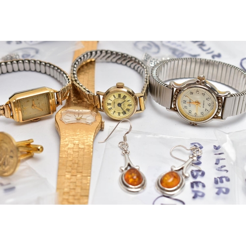 101 - A SELECTION OF JEWELLERY AND WRISTWATCHES, to include a carved aventurine quartz flower ring, stampe... 