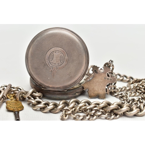 102 - A SILVER POCKET WATCH, TWO ALBERT CHAINS AND A FOB, key wound movement, white dial, signed 'Kay's' T... 