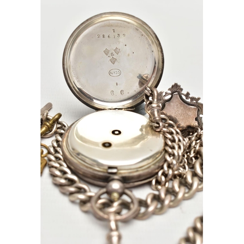 102 - A SILVER POCKET WATCH, TWO ALBERT CHAINS AND A FOB, key wound movement, white dial, signed 'Kay's' T... 