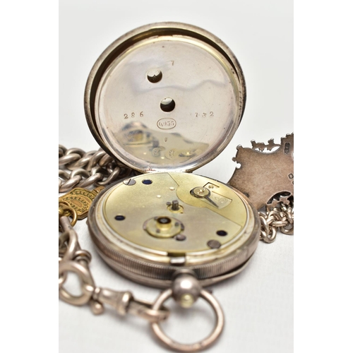 102 - A SILVER POCKET WATCH, TWO ALBERT CHAINS AND A FOB, key wound movement, white dial, signed 'Kay's' T... 