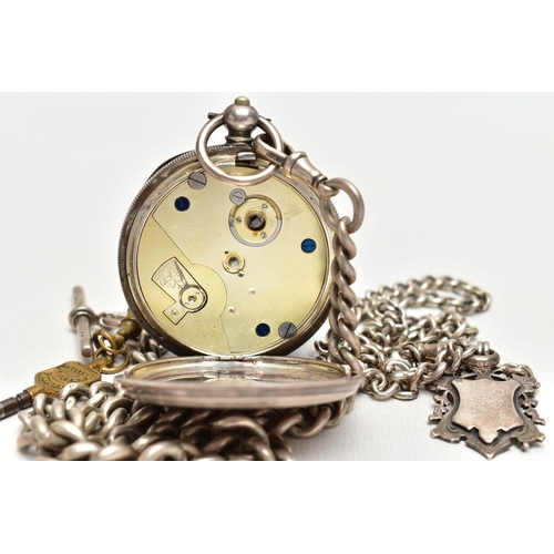 102 - A SILVER POCKET WATCH, TWO ALBERT CHAINS AND A FOB, key wound movement, white dial, signed 'Kay's' T... 