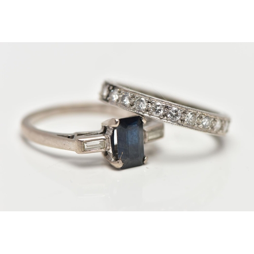 107 - TWO WHITE METAL GEM SET RINGS, the first set with a rectangular cut sapphire, prong set, flanked wit... 